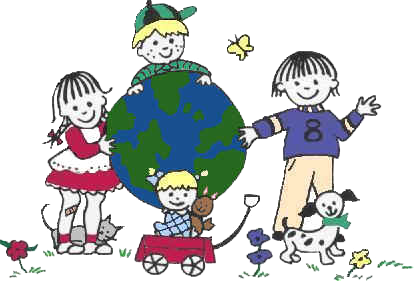 a hand drawn doodle of smiling young children, animals, and flowers around a world globe
